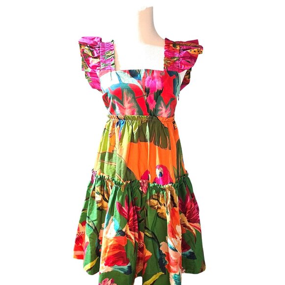 Farm Rio Foliage Cotton Tiered Minidress Ruffled Straps Vibrant Floral Print XS - Picture 13 of 16